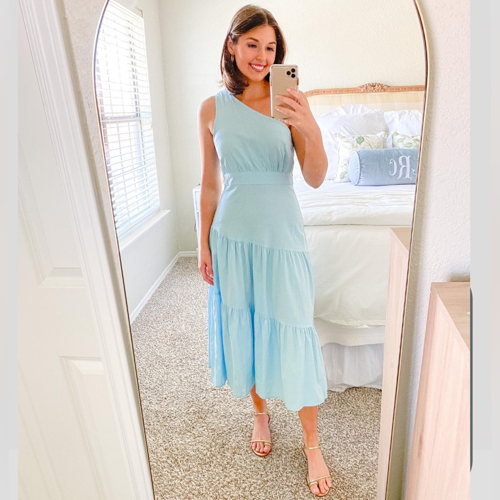 Petal & Pup Light Blue One-Shoulder Tiered Midi Dress
